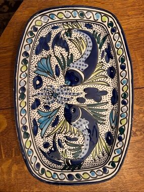 Hand-Painted Ceramic Fish Platter in Blue and Teal